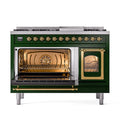 Emerald green freestanding range with one oven door open, brass trim, and internal light