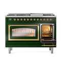 Emerald green dual fuel freestanding range with large oven window and brass trim
