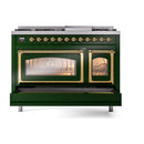 Emerald green range front with brass-trimmed oven windows and control knobs along top