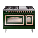 Front view of emerald green dual fuel freestanding range with copper trims and oven doors.