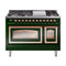 ILVE Nostalgie II Noblesse 48-Inch 5.02 Cu. Ft. Dual Oven Natural Gas Dual Fuel Range with 8 Burners, Griddle and Triple Glass Door in Emerald Green with Copper Trim (UN48FNMPEGP)