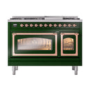Emerald green dual fuel freestanding range with copper-trimmed oven doors and control knobs.