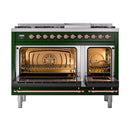 Open ovens in emerald green dual fuel freestanding range with copper door handles.