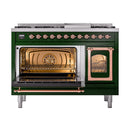 Emerald green freestanding range with one oven closed, one open, copper-trimmed doors.