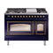 ILVE Nostalgie II Noblesse 48-Inch 5.02 Cu. Ft. Dual Oven Natural Gas Dual Fuel Range with 8 Burners, Griddle and Triple Glass Door in Midnight Blue with Burnished Bronze Trim (UN48FNMPMBB)
