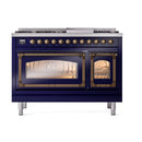 ILVE dual fuel freestanding range, midnight blue with bronze-trim oven doors open