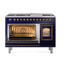 ILVE dual fuel freestanding range, both ovens open showing lit baking racks