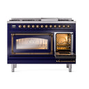 ILVE dual fuel freestanding range, left oven window and right door open in midnight blue