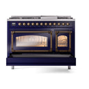 ILVE dual fuel freestanding range, front view with left oven door open and lit interior