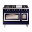 Midnight blue dual fuel freestanding range with chrome trim, knobs, and both ovens closed