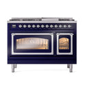 Midnight blue freestanding dual fuel range with chrome trim and two oven doors closed
