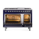 Midnight blue dual fuel range with chrome trim; both oven doors open and interior visible