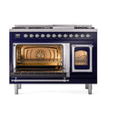 Midnight blue dual fuel range with one oven door open; chrome oven frames and controls