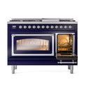 Midnight blue dual fuel range with oven doors open; left oven light on, chrome trim