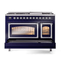 Midnight blue dual fuel range front view with chrome-trimmed ovens and side rails