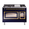 ILVE Nostalgie II Noblesse 48-Inch 5.02 Cu. Ft. Dual Oven Propane Gas Dual Fuel Range with 8 Burners, Griddle and Triple Glass Door in Midnight Blue with Brass Trim (UN48FNMPMBGLP)