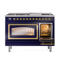 Midnight blue dual fuel freestanding range with left oven open and right oven door; brass trim.