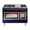 ILVE Nostalgie II Noblesse 48-Inch 5.02 Cu. Ft. Dual Oven Propane Gas Dual Fuel Range with 8 Burners, Griddle and Triple Glass Door in Midnight Blue with Copper Trim (UN48FNMPMBPLP)