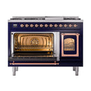 Freestanding gas dual fuel range with midnight blue exterior and one oven door ajar