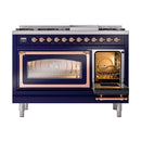 Freestanding gas dual fuel range in midnight blue with copper trim and open oven