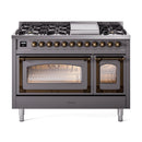 Matte graphite dual fuel range with bronze-trimmed open ovens and illuminated cook cavity
