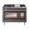 ILVE Nostalgie II Noblesse 48-Inch 5.02 Cu. Ft. Dual Oven Propane Gas Dual Fuel Range with 8 Burners, Griddle and Triple Glass Door in Matte Graphite with Burnished Bronze Trim (UN48FNMPMGBLP)