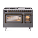 Matte graphite dual fuel freestanding range with bronze-trimmed oven doors and lit windows