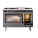 Matte graphite dual fuel freestanding range with bronze-trimmed windowed oven and side door