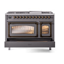 Matte graphite freestanding dual fuel range front view with lit oven interiors