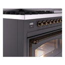 Matte graphite dual fuel range side view with bronze control knobs and oven door handle