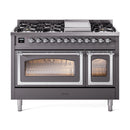 Matte graphite dual fuel freestanding range with ovens open, lit interior racks, and control knobs