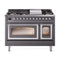 ILVE Nostalgie II Noblesse 48-Inch 5.02 Cu. Ft. Dual Oven Propane Gas Dual Fuel Range with 8 Burners, Griddle and Triple Glass Door in Matte Graphite with Chrome Trim (UN48FNMPMGCLP)