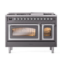 Matte graphite dual fuel freestanding range with two oven doors, chrome trim, and control knobs