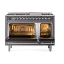 Matte graphite dual fuel range with both ovens open, showing lit racks inside