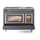 Matte graphite dual fuel range with two oven glass windows glowing and chrome handles