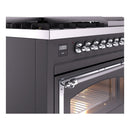 Matte graphite dual fuel range front panel with circular knobs, digital display, and oven door