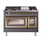 ILVE Nostalgie II Noblesse 48-Inch 5.02 Cu. Ft. Dual Oven Natural Gas Dual Fuel Range with 8 Burners, Griddle and Triple Glass Door in Matte Graphite with Brass Trim (UN48FNMPMGG)