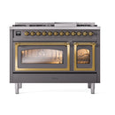 Matte graphite dual fuel freestanding range with brass-trim oven doors, front view