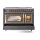 Matte graphite dual fuel range with both oven doors open, brass trim detail