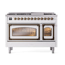 Freestanding dual fuel range, white exterior with bronze knobs and two oven doors