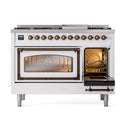 Freestanding range front with one oven open and interior light through window