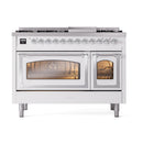 ILVE freestanding dual fuel range with dual ovens, glass doors open, chrome control knobs