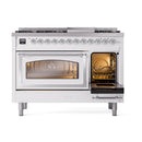 ILVE freestanding dual fuel range with one oven lit and windowed door; chrome trim