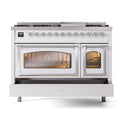 ILVE freestanding dual fuel range with both oven doors open and lit interior, white finish