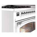 Freestanding dual fuel range side view with chrome handle and lit oven interior
