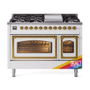 Freestanding dual fuel range with open ovens and RAL color label