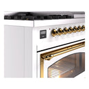 Dual fuel range control panel with gold knobs and brass oven handle