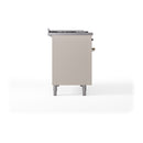 Antique white range rear panel with bronze fittings and four leveling feet