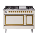 48-inch freestanding dual fuel range with antique white doors and brass trim