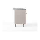 Freestanding dual fuel range side panel in antique white with brass connection fittings